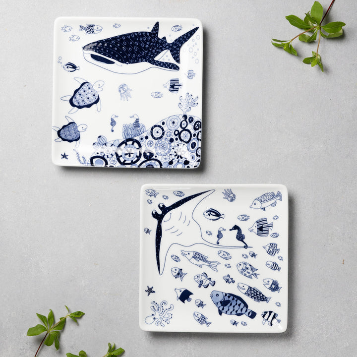Modern Japanese Style Marine Square Side Plates Set of 2