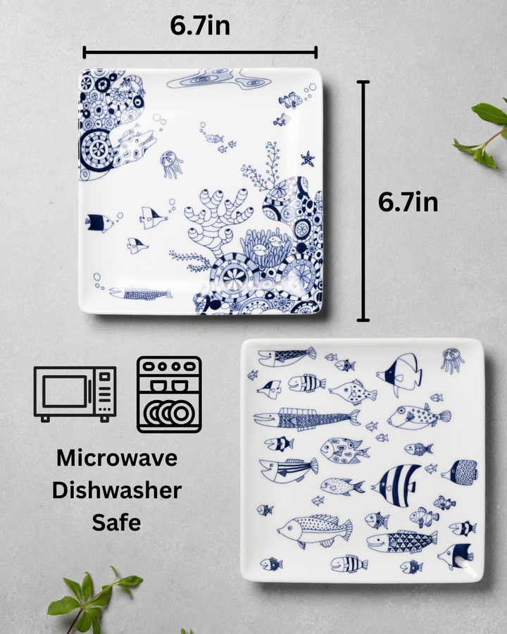 Modern Japanese Style Marine Square Side Plates Set of 2