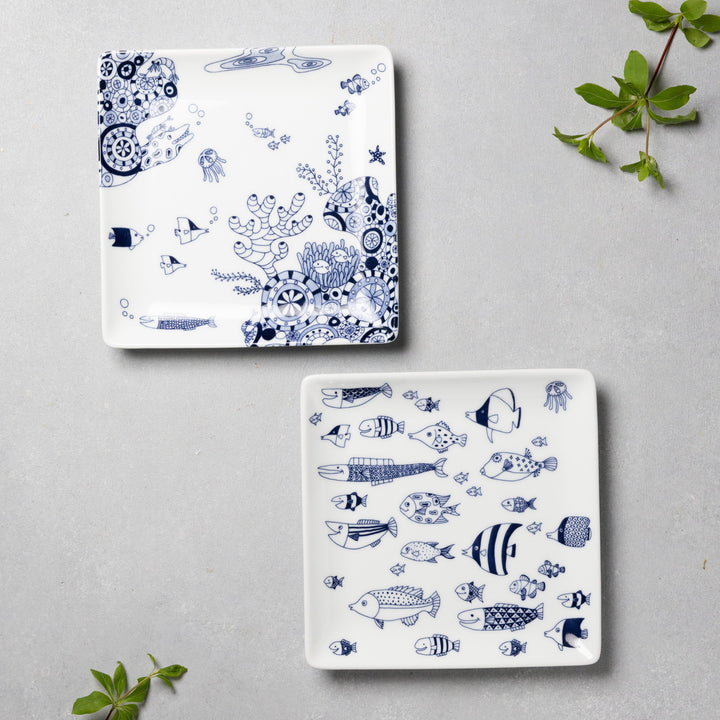 Modern Japanese Style Marine Square Side Plates Set of 2