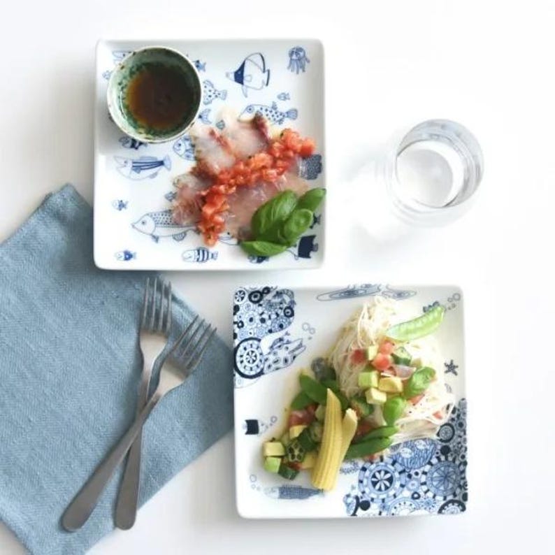 Modern Japanese Style Marine Square Side Plates Set of 2